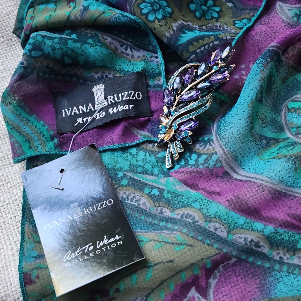 Designer Blue Purple Violet Scarf Silk/Viscose Bow Jabot Paisley Big Brooch - Picture 7 of 17